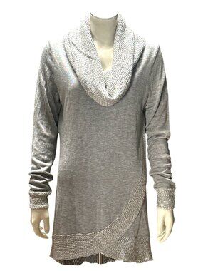 Fontana Small Gray Lurex Cowl Neck Tunic Sweater Relaxed Fit Casual Chic Silver